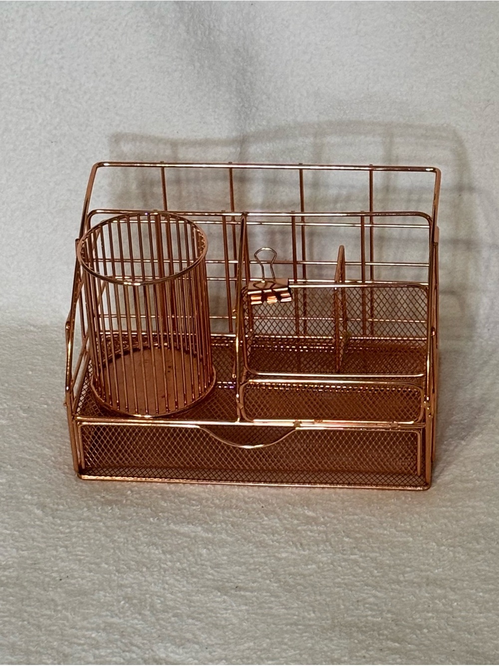 Metal Desk Organizer Caddy in Rose Gold - Multi-Compartment Storage